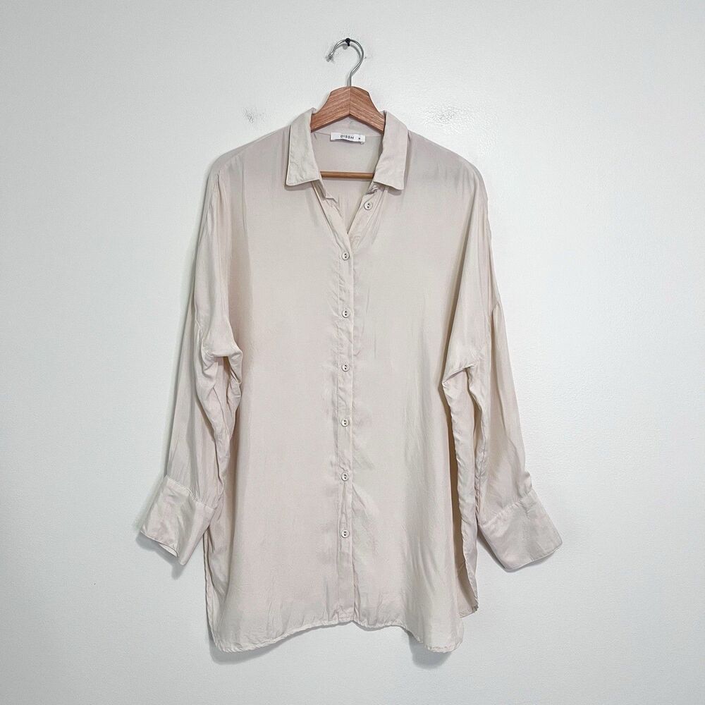 Dissh Oversized Satin Like Button Up Shirt Cream AU 12 US 8 Cupro Blend Neutral - Picture 2 of 12
